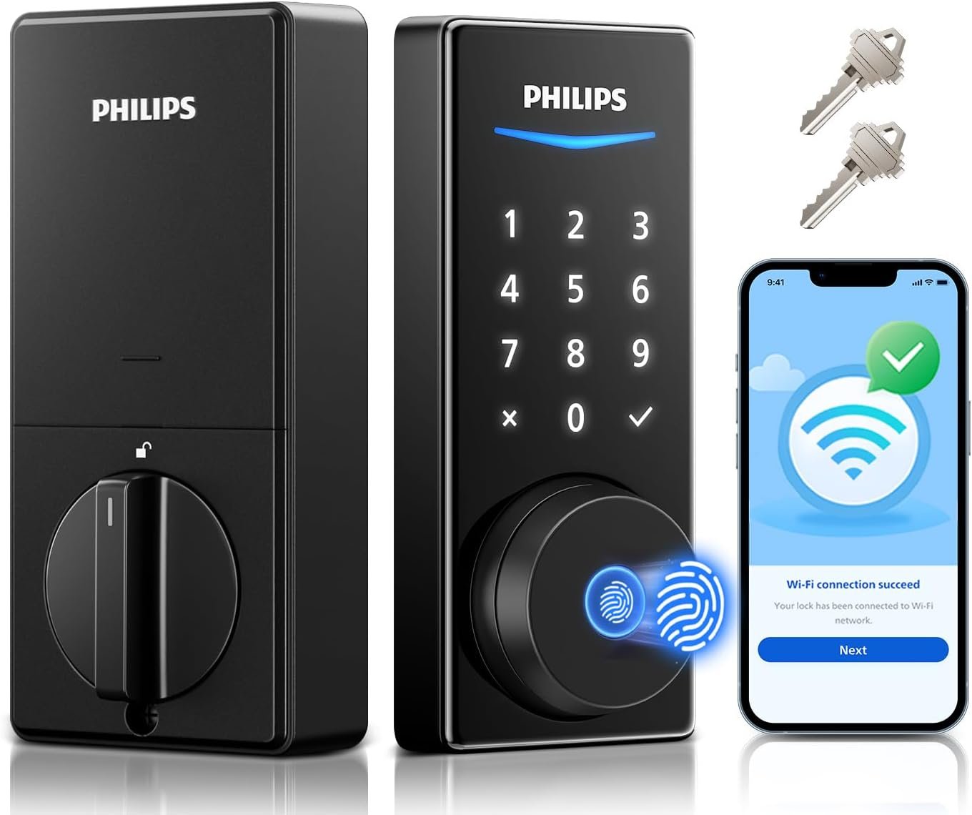 Philips Built-in WiFi Smart Lock, Keyless Entry Door Lock with App, Touchscreen, Fingerprint Door Lock — Compatible with Alexa & Google, Splash-Proof Design, Includes 8 Batteries, Black