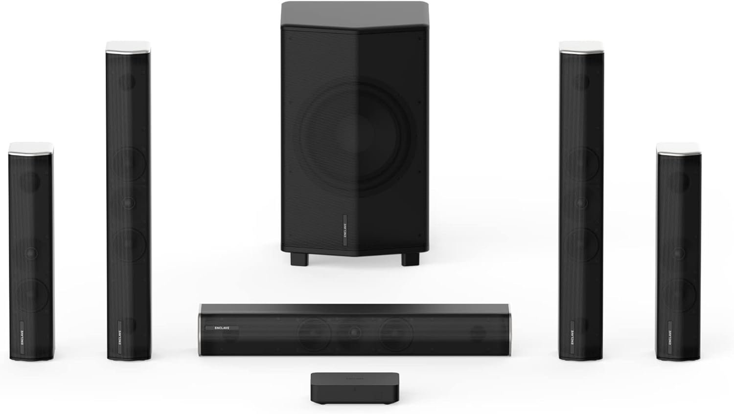 Enclave CineHome PRO – 5.1 Wireless Plug and Play Home Theater Surround Sound System – THX, Dolby, DTS WiSA Certified – Includes 5 Active Wireless Speakers, 10-inch Subwoofer & CineHub Transmitter