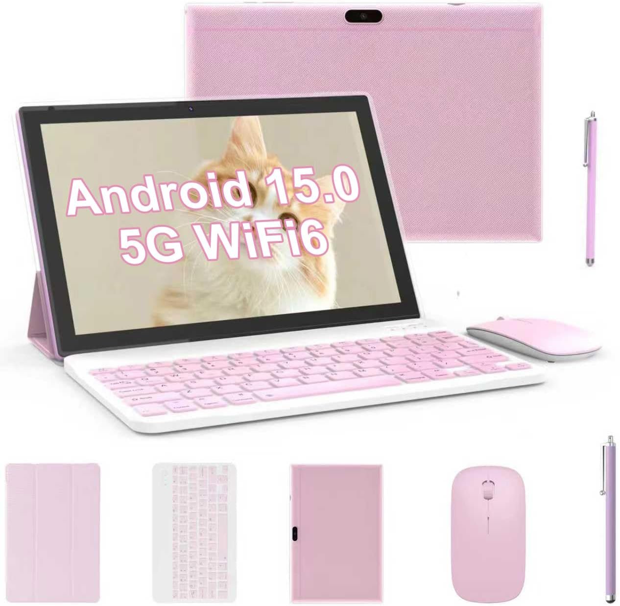 Tablet 2 in 1 Tablets 10 inch Android 15 Tablet Set with Keyboard Case Mouse Stylus Pen, 8GB+32GB Tablets 10.1″ HD Touch Screen Tab, 2MP+8MP Dual Camera 6000mAh battery WiFi6 Bluetooth Tableta PC Pink