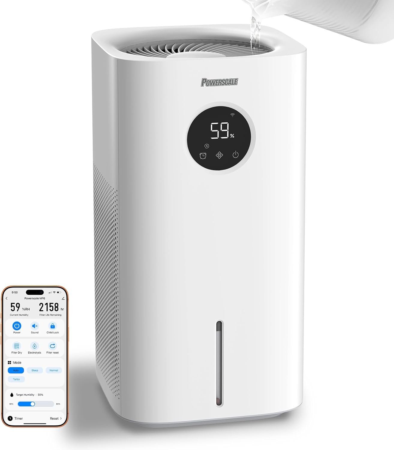 Powerscale MF6 Evaporative Humidifiers for Bedroom, 1.8 Gal Top-Fill, Up to 700mL/h Mist-Free Output, WiFi Smart Touchscreen Control, Auto Filter Dry, Electrolysis Self-Clean, Quiet Sleep Mode
