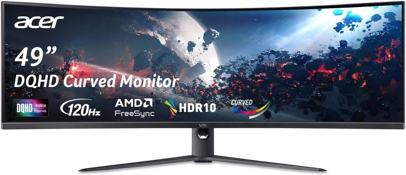 Acer Nitro 49” Gaming Monitor | UltraWide DQHD 5120 x 1440 | 1000R 32:9 Curved | AMD FreeSync | Up to 120Hz Refresh Rate | 3ms (G to G) | 1 x Display Port 1.4 & 2 x HDMI 2.0 Ports | EI491CUR J0biiphx