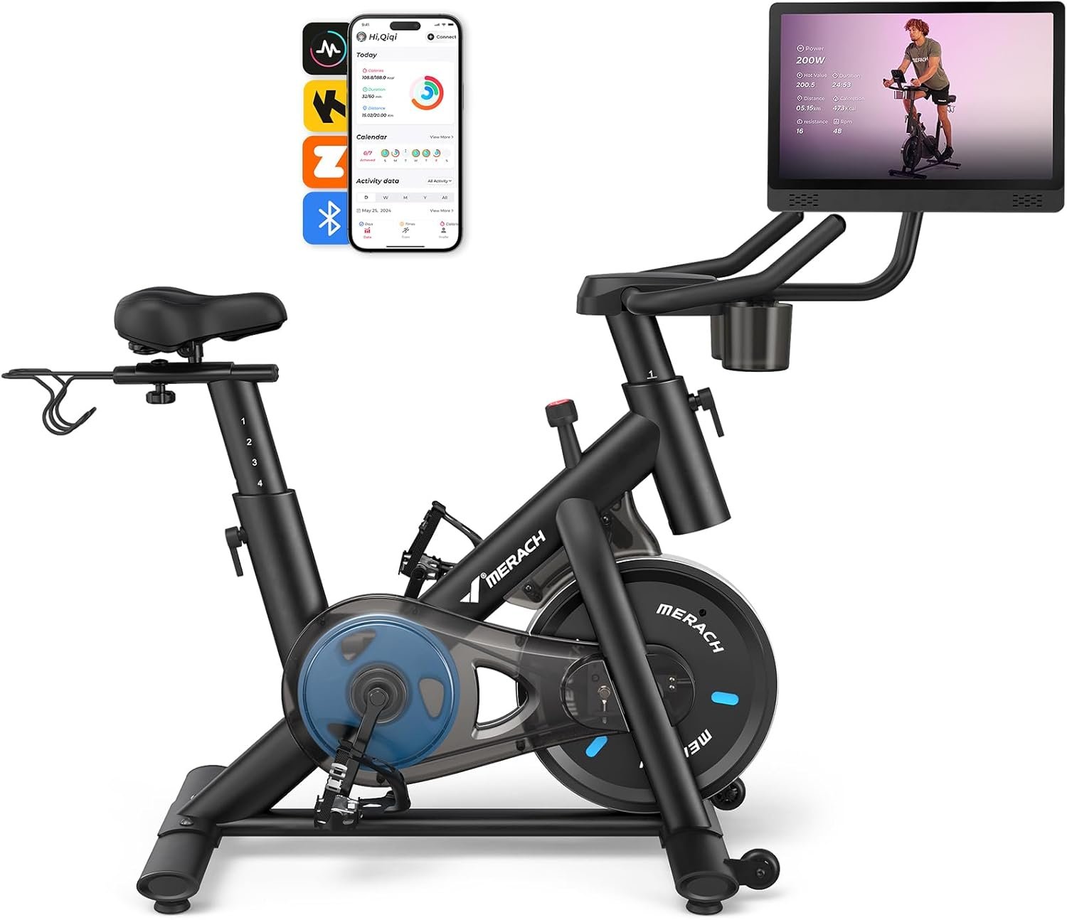 Merach Exercise Bike, Magnetic Stationary Bike with 15.6″HD Screen, Low Noise Indoor Cycling Bike with 300lbs Weight Capacity, Comfortable Bike Seat, Tablet Mount and Fitness Courses for Weight Loss