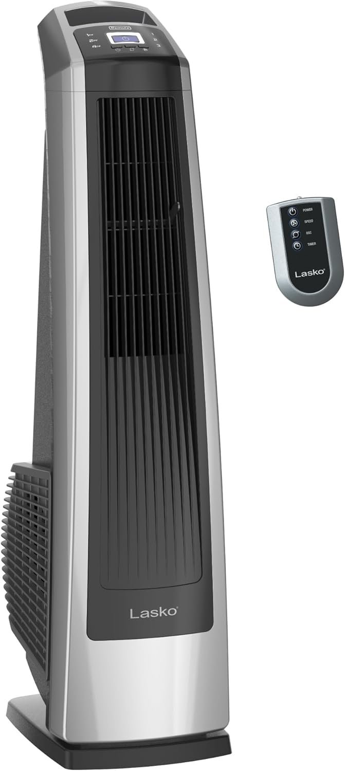 Lasko High Velocity Oscillating Tower Fan with Remote Control – Quiet Standing Fan for Bedroom, Office, and Home – 3 Speeds – Powerful Cooling Air – U35115 – 35″ Tall – Silver and Black