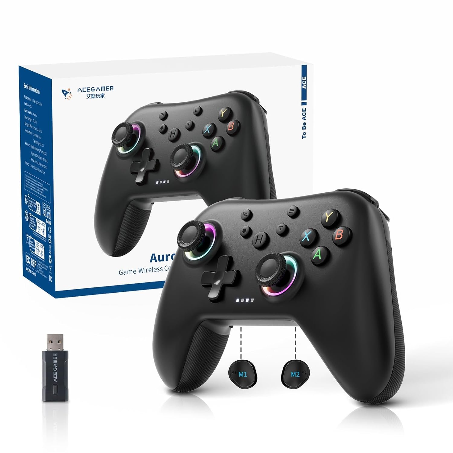 AceGamer Aurora II 2.4G Wireless Bluetooth Controller for PC/Android/Switch/iOS/Switch 2/Steam Deck with Rotary Motors, RGB Hall Effect Joysticks – Upgraded PC Gaming Controller and Back Buttons Lock
