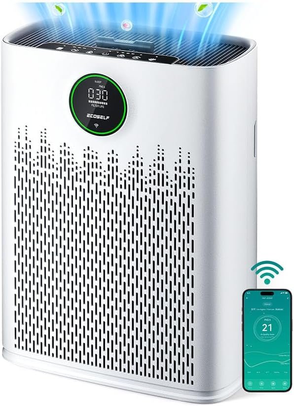 ECOSELF Smart Air Purifier for Home Large Rooms, with WiFi Control, Covers Up to 2400 Ft², Smart Mode, AQI Display, 22dB Sleep Mode & Aromatherapy with 2X-Power Filtration, HAP603WF, White