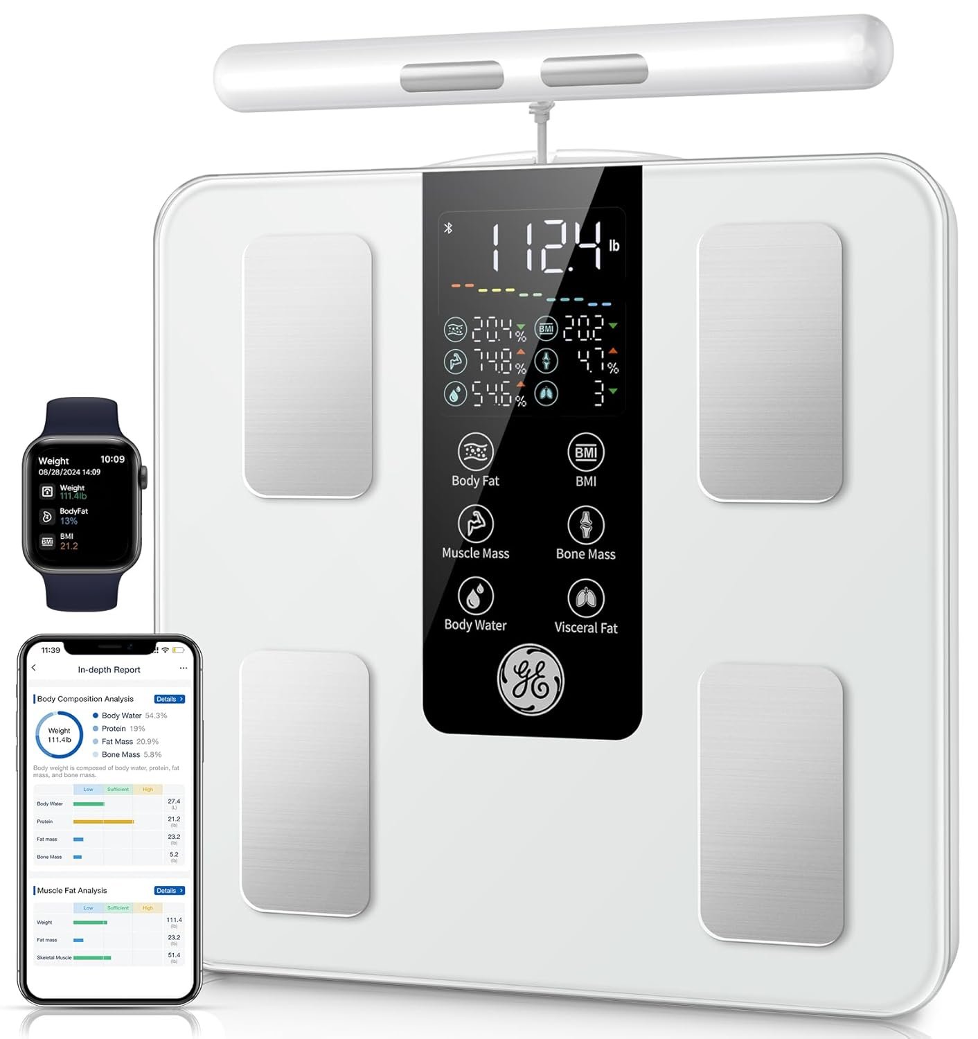 GE Smart Scale for Body Weight: 8-Electrode Digital Bathroom Scale for Weight Fat BMI Muscle Mass Full Body Composition Analyzer 50 Measurements Bluetooth Highly Accurate Weighing Machine 400lb White