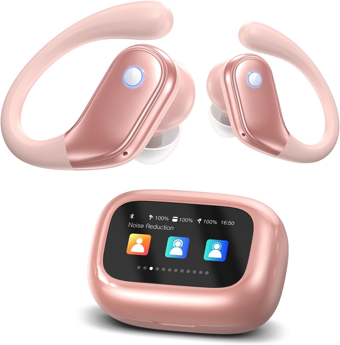 jaddsa Wireless Earbuds, 2026 ENC Noise Cancelling Ear Buds with Smart Touchscreen, Bluetooth 5.4 Headphones, Bass Stereo Sound Over-Ear Earbuds, 5 EQ Modes for Sports/Travel/Gym- Rose Gold