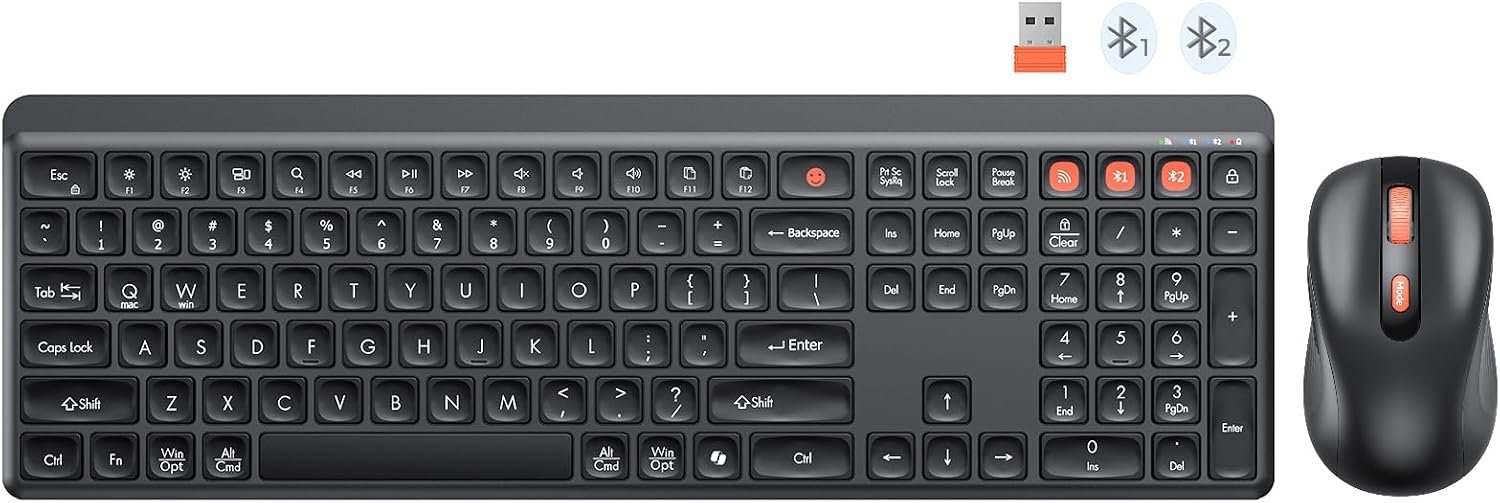 MEETION Bluetooth Keyboard and Mouse, 2.4G + Dual Bluetooth Multi Device, Full Size Silent Ergonomic Keyboard with 4 Level DPI Adjustable Wireless Mouse for Windows, Mac OS Desktop/Laptop/PC, Black
