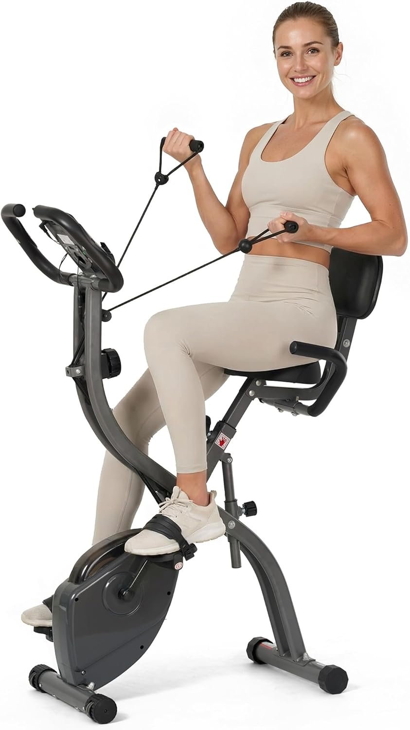 Exercise Bike Stationary Bikes for Home Recumbent Exercise Bike Folding with 10-Level Adjustable Resistance LCD Monitor Pulse Sensor Support Back Pad and Tablet Holder Arm Resistance Band 265LBS Weight Capacity for Home Workout