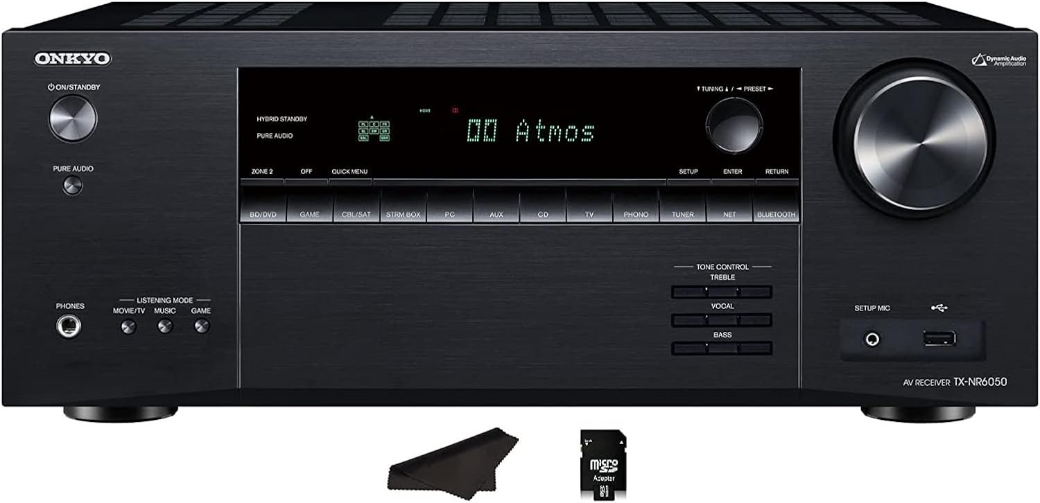 Onkyo TX-NR6050 + 7.2 Channel Network Home Theater | Smart AV Receiver | 8K/60, 4K/120Hz | 90W | HDR | VRR | DTS | Dolby Atmos | ALLM | QFT | Includes Kwalicable Micro SD Card & Cleaning Cloth