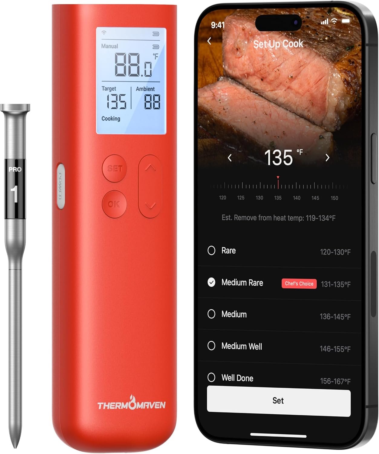 ThermoMaven Smart Bluetooth Wireless Meat Thermometer, 10X Enhanced Sub-1G Signal and Stability, Standalone Display Base, Certified Accuracy ±0.5°F, WiFi Unlimited Range for BBQ, Oven, Smoker, Grill