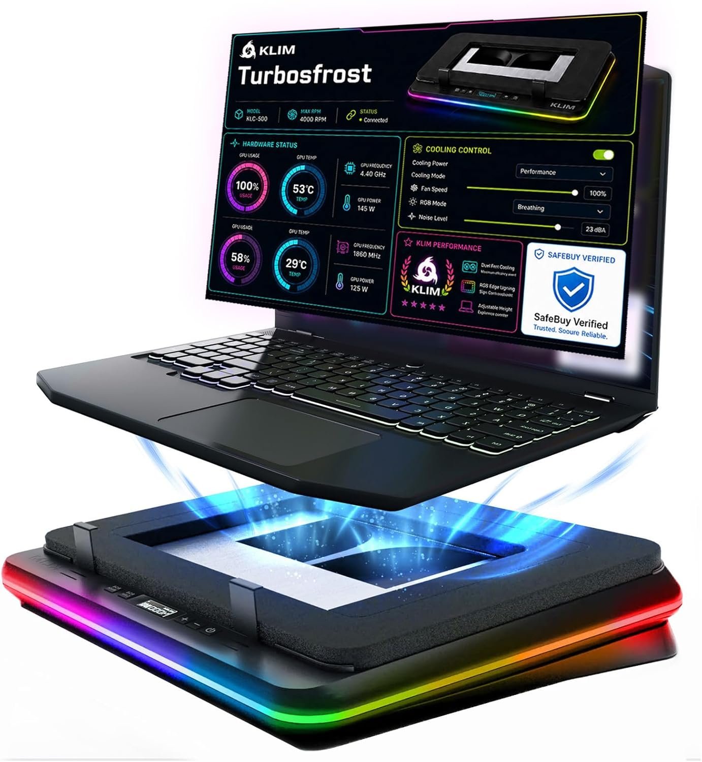 KLIM Turbofrost Laptop Cooling Pad for Gaming – 4 x 4000 RPM Turbo Fans, RGB Lighting, 4 USB Ports, Dual Power (USB-C/DC), Sealed Foam for Fast Cooling – Fits Up to 17” Laptops – Grey Space