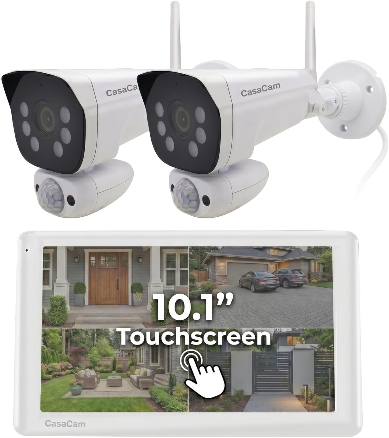 CasaCam Wireless Security Camera System Pro | 10.1” Touchscreen Monitor, 2 2K Floodlight Cameras | Indoor/Outdoor, No Monthly Fees, AI Detection, Two-Way Talk, 64GB SD, Model VS6102