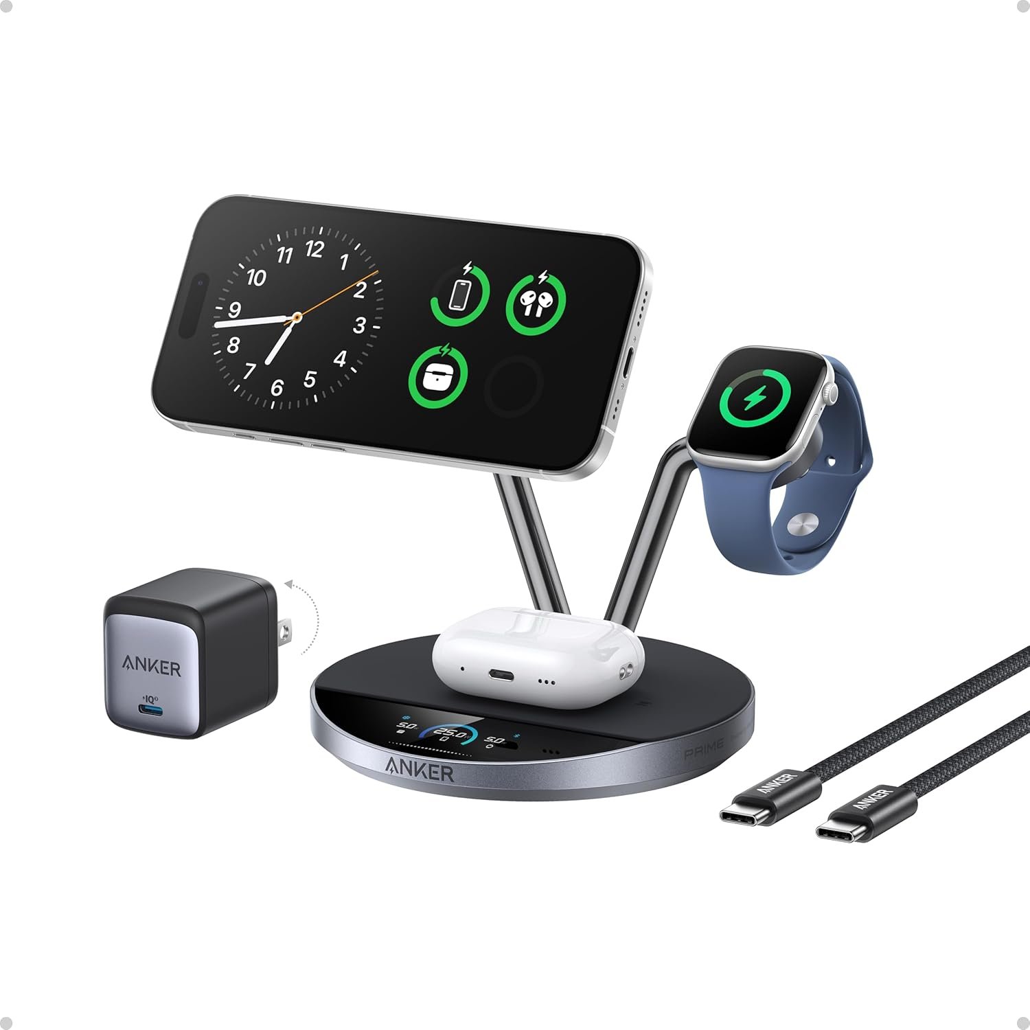 Anker Prime 3-in-1 Charging Station, Qi2.2-Certified 25W Wireless Charger Dock Stand, MagSafe Compatible, Smart Display with TEC Active Cooling, for iPhone 17, Apple Watch, AirPods, and More