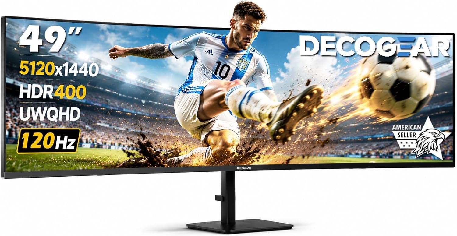 Deco Gear 49 Inch Curved Ultrawide Monitor, 5120×1440 Dual QHD 32:9 1500R VA Display, HDR400, 120Hz, Adaptive Sync, 1ms MPRT, USB-C 65W PD, KVM, PIP/PBP, Gaming & Workstation Setup, for PC & Laptop