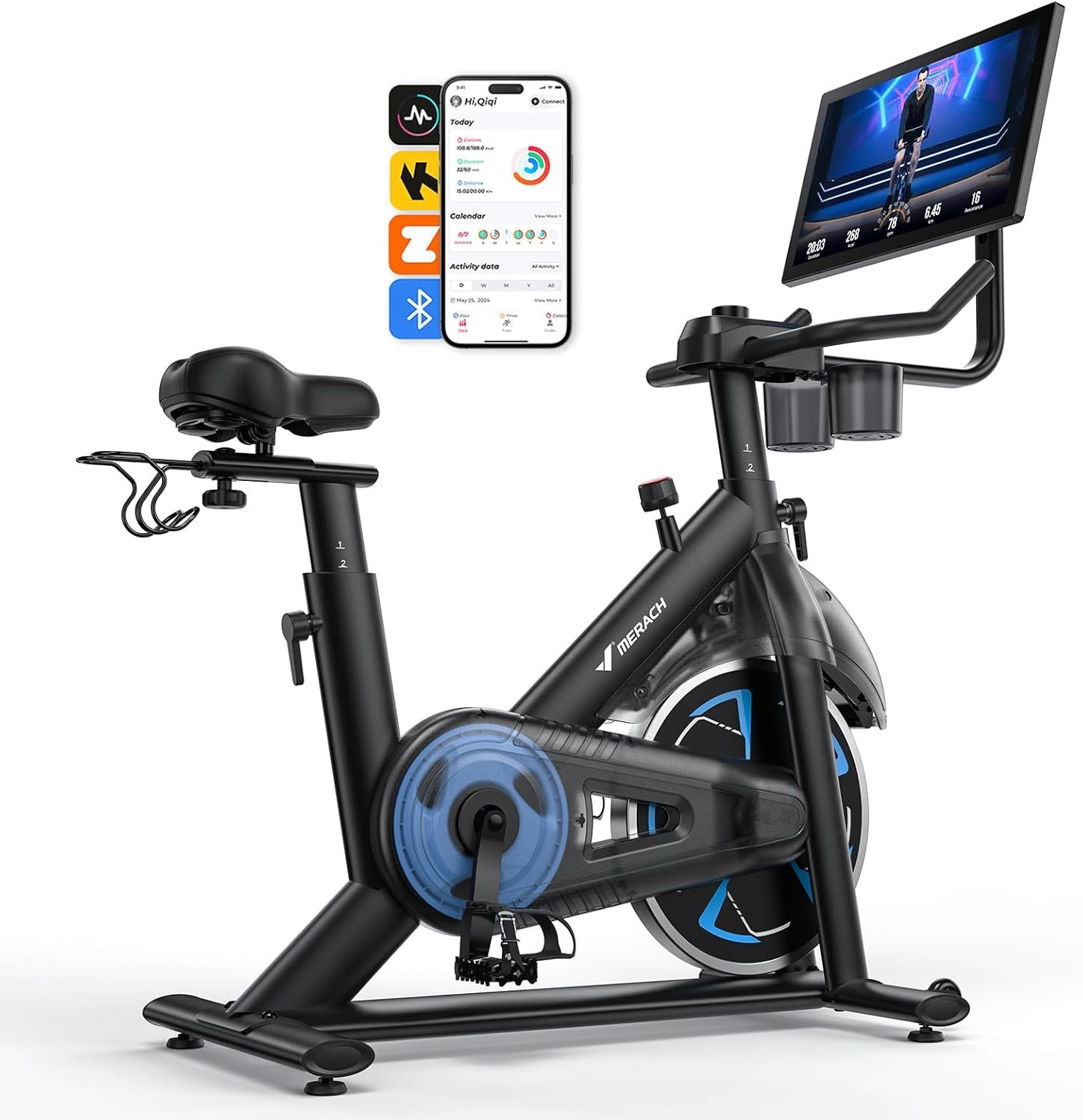 Merach Magnetic Exercise Bike with 21.5” HD Display & Auto Resistance, Low Noise Stationary Bike for Home with Comfortable Seat Cushion, Spinning Bike with 330 lb Weight Capacity, Exclusive App