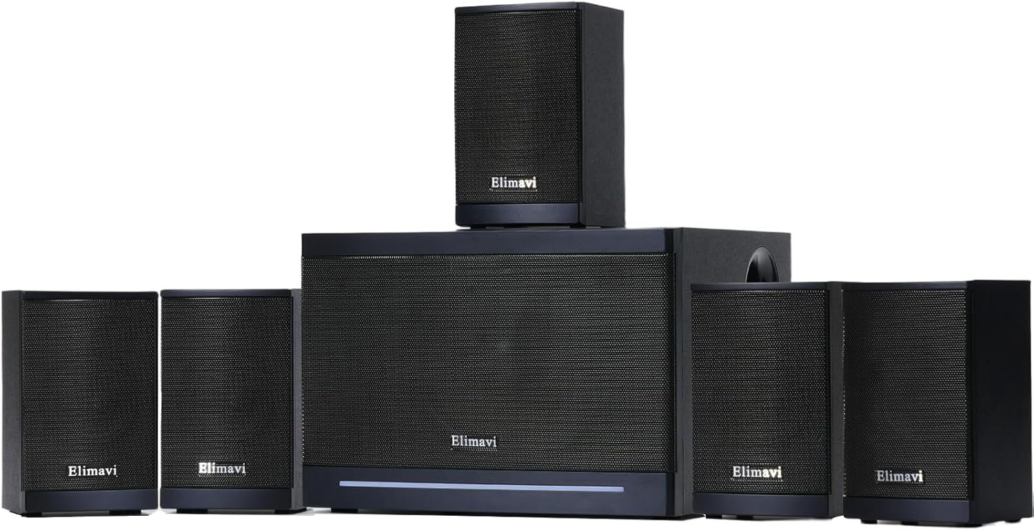 Elimavi 5.1 Surround Sound Systems Home Theater System, Wired Surround Sound Speaker System with 6.5″ Subwoofer, Bluetooth 5.3 Audio System for TV Living Room, RCA Coaxial Optical Input, Metal Mesh