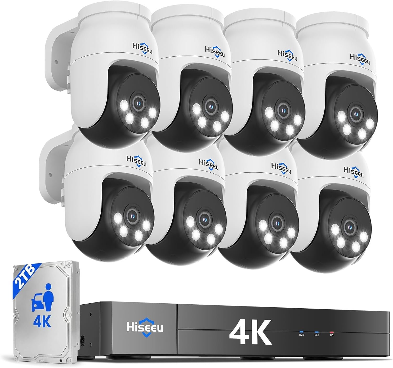 Hiseeu 4K PTZ Wired Security Camera System with 8 x 8MP IP67 CCTV Cameras,8MP DVR,360° Coverage,Smart Color Night Vision,Audio,Person/Vehicle Detection,2TB HDD for 24/7 Recording,Surveillance DVR Kit