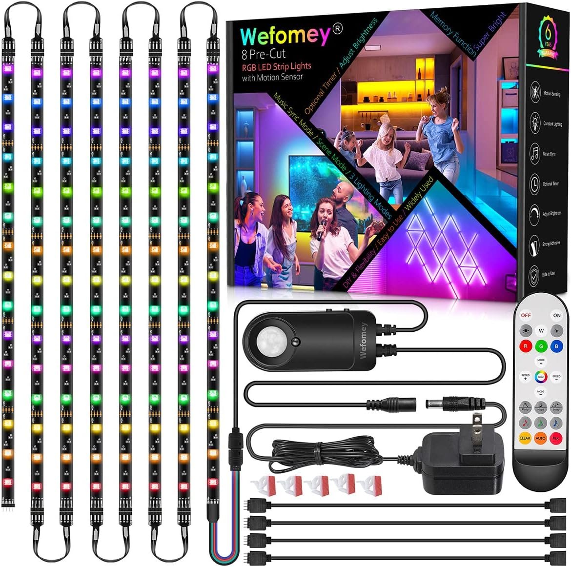 8 PCS RGB Under Cabinet Lighting Kit, 12v Motion Sensor LED Light Strip with Remote, ETL Listed Power Adapter, Music Sync Color Changing Led Lights for Shelves, Cabinet, Counter, Bookcase, 13ft
