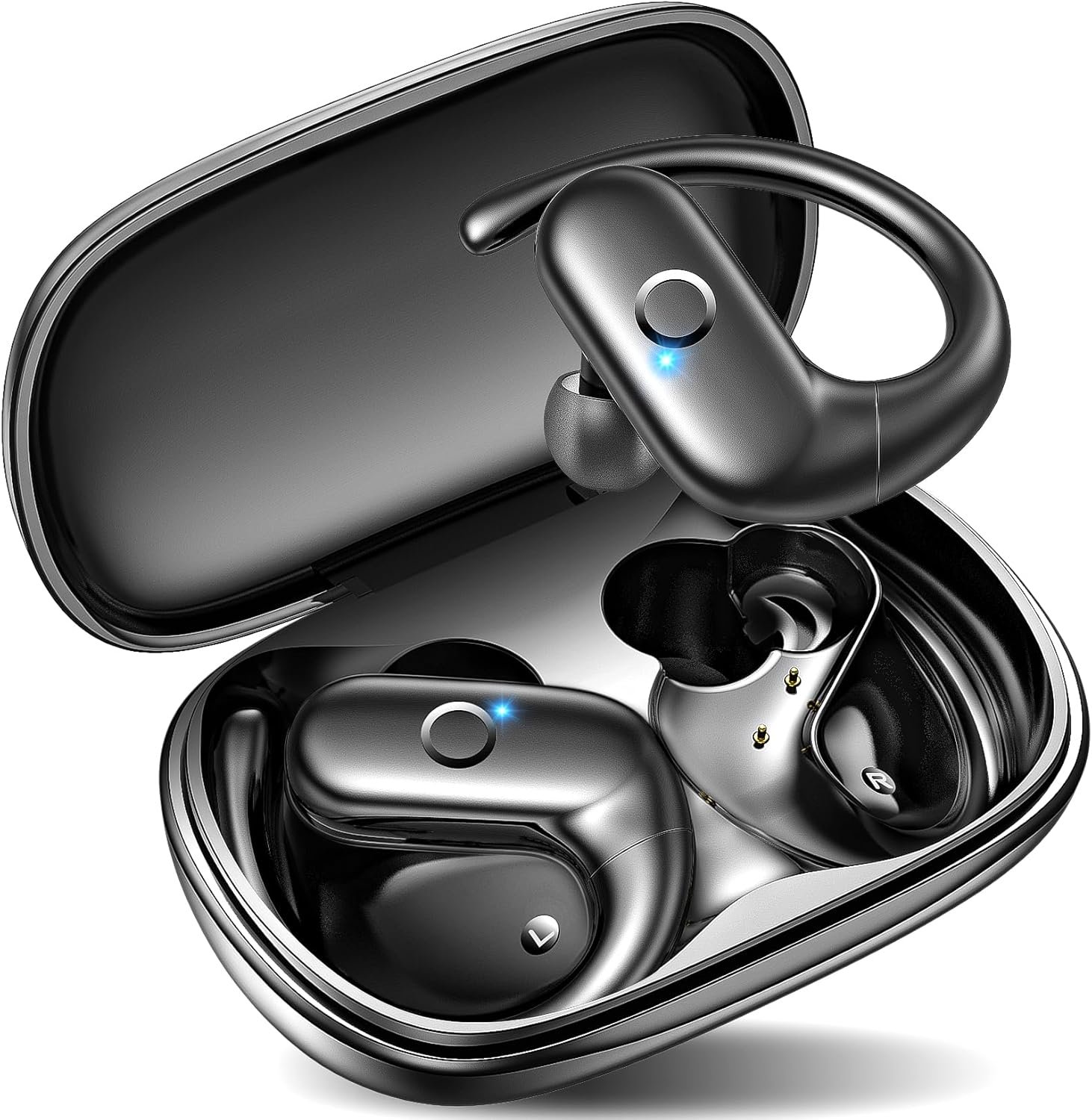 kurdene Wireless Earbuds Bluetooth Headphones Sport,Over Ear Buds with Deep Bass Sound,60Hrs Playtime Earphones Redesigned Comfort Fit with Earhooks for Running,Meeting,Workout-Black