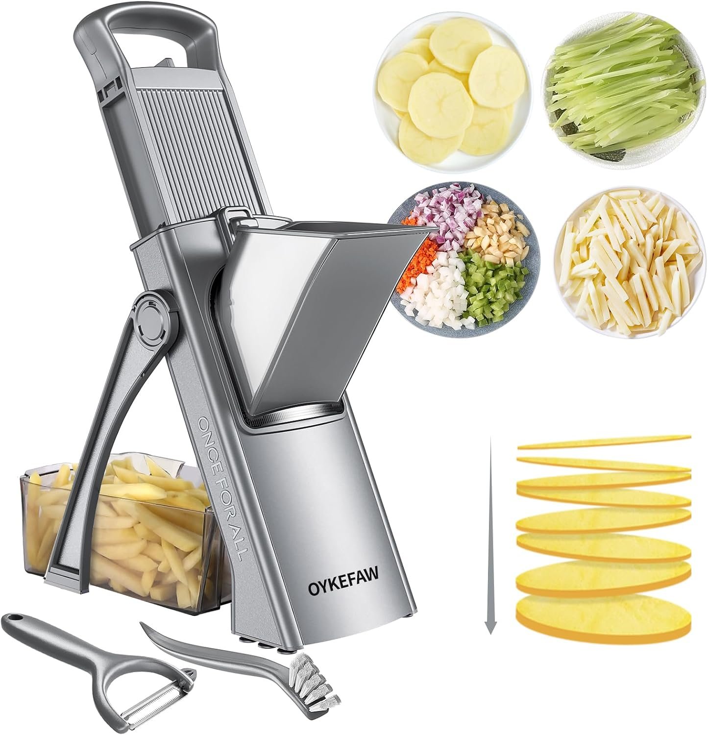Safe Mandoline Slicer for Kitchen, 6 in 1 Vegetable Chopper, French Fry Cutter For Potatoes, Potato Slicer,Food Chopper,Adjustable Thickness 0.1-8 mm, With Peeler/Cleaning Brush (Deep Gray)