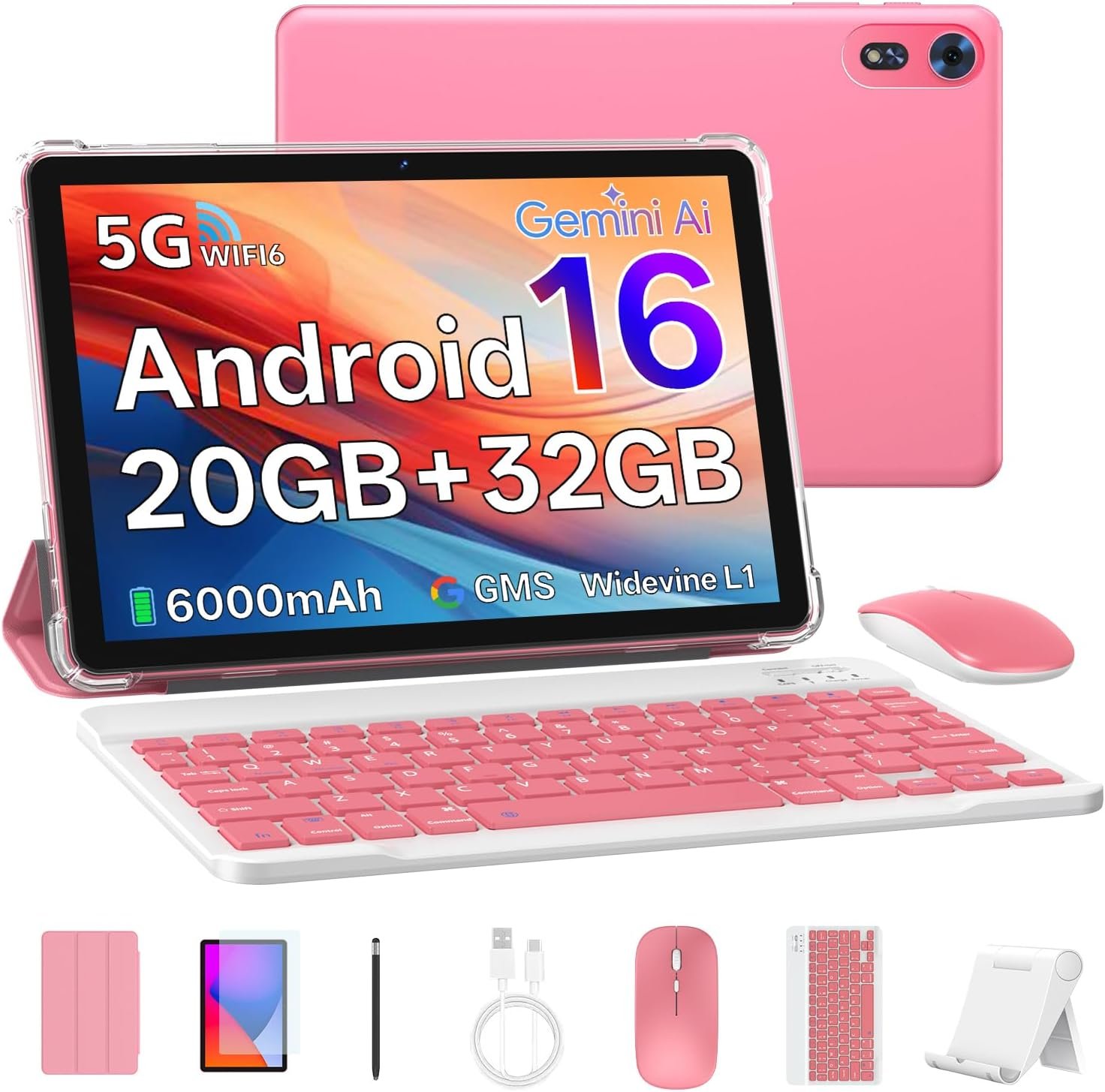 2026 Tablet 10 inch Android 16 Tablet with Keyboard, 20GB RAM 1TB Expandable Storage, 1280×800 HD Screen, Dual Camera, 6000mAh Battery, WiFi 6, BT 5.4, 2 in 1 Tablets with Keyboard Mouse Stylus (Pink)