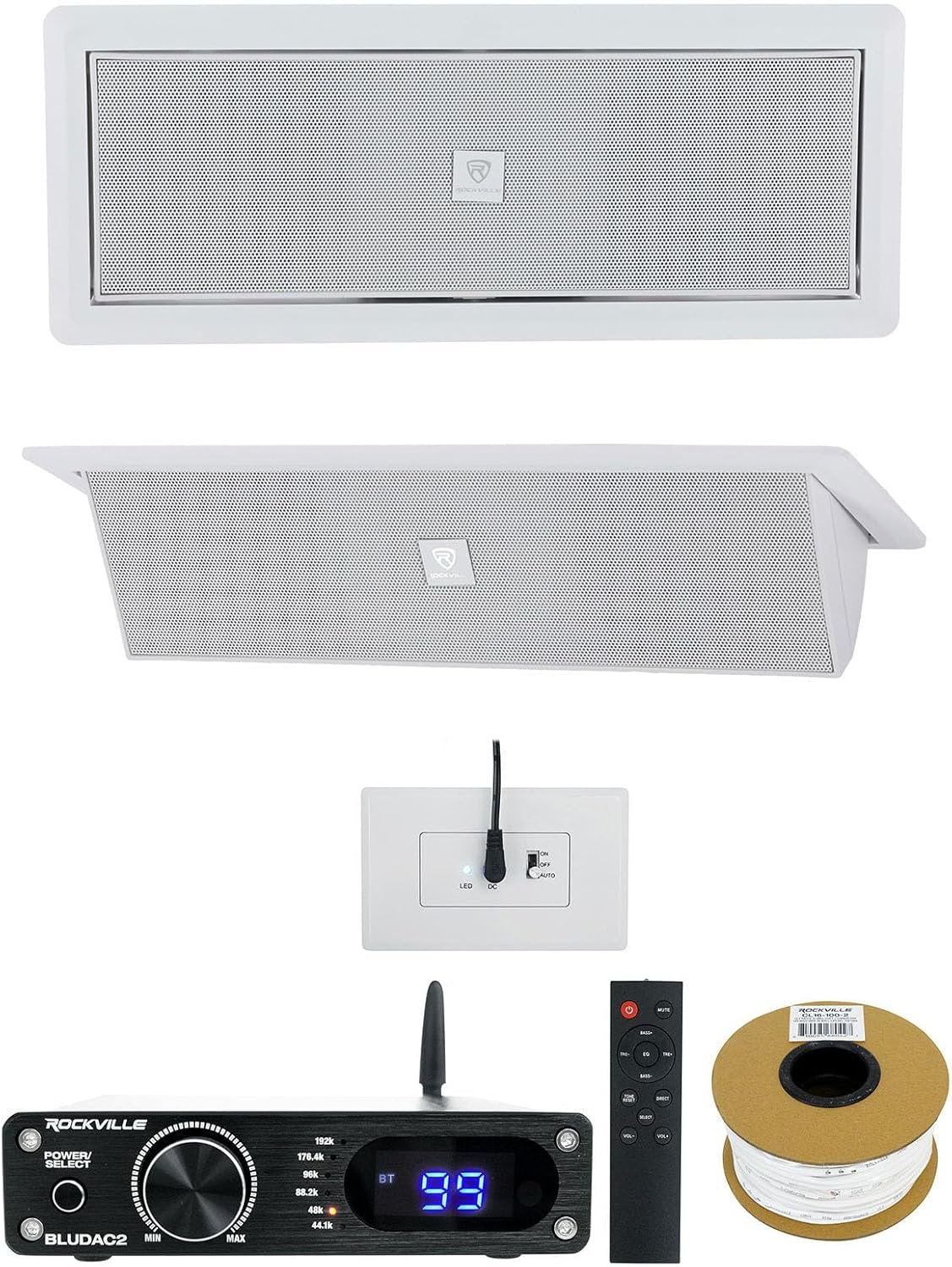 Rockville Bundle: Pair LUX Stealth D4 Motorized Dual 4″ Ceiling/Wall Speakers Bundle with BLUDAC2B Hi-Res 192K Amplifier, CL16-100-2 CL2 Rated 100′ 16AWG Speaker Wire (3 Items)