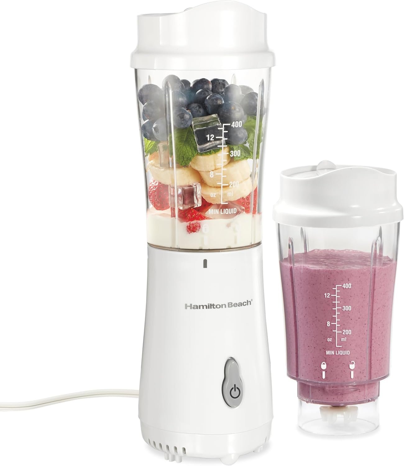 Hamilton Beach Portable Blender for Shakes and Smoothies, 14 Oz BPA Free Travel Cup & Lid, Durable Stainless Steel Blades, Personal Smoothie Blender, 2 Jars – White (51102V)