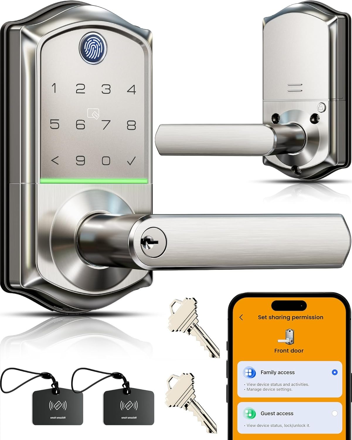 Veise VE019 Fingerprint Smart Lever Lock, App Control, Keyless Entry Door Lock with Handle, Touchscreen Keypad Knob for Front Door and Bedroom, Remote Access Sharing, IP55 Waterproof, Satin Nickel