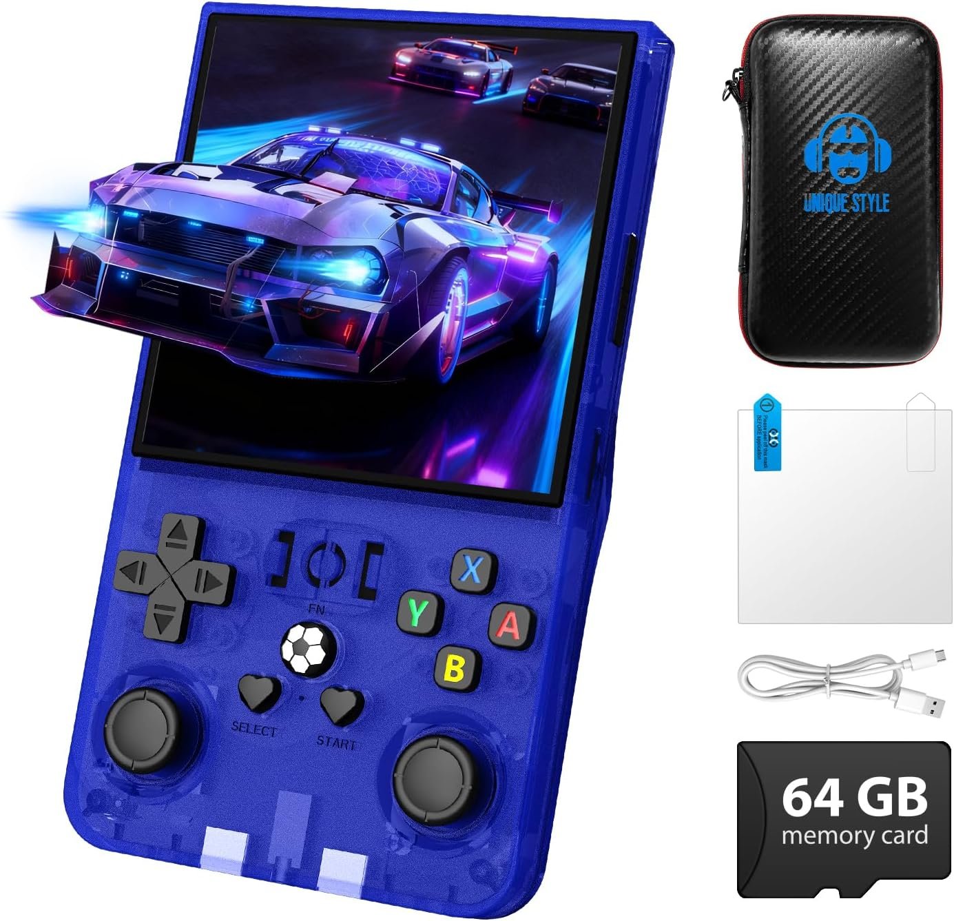 R36MAX Retro Handheld Game Console, 4.0 inch Retro Gaming Console with 64GB Memory, Portable Retro Video Games Console, 4000mAh Battery, Support 30+ Emulators, Transparent Blue