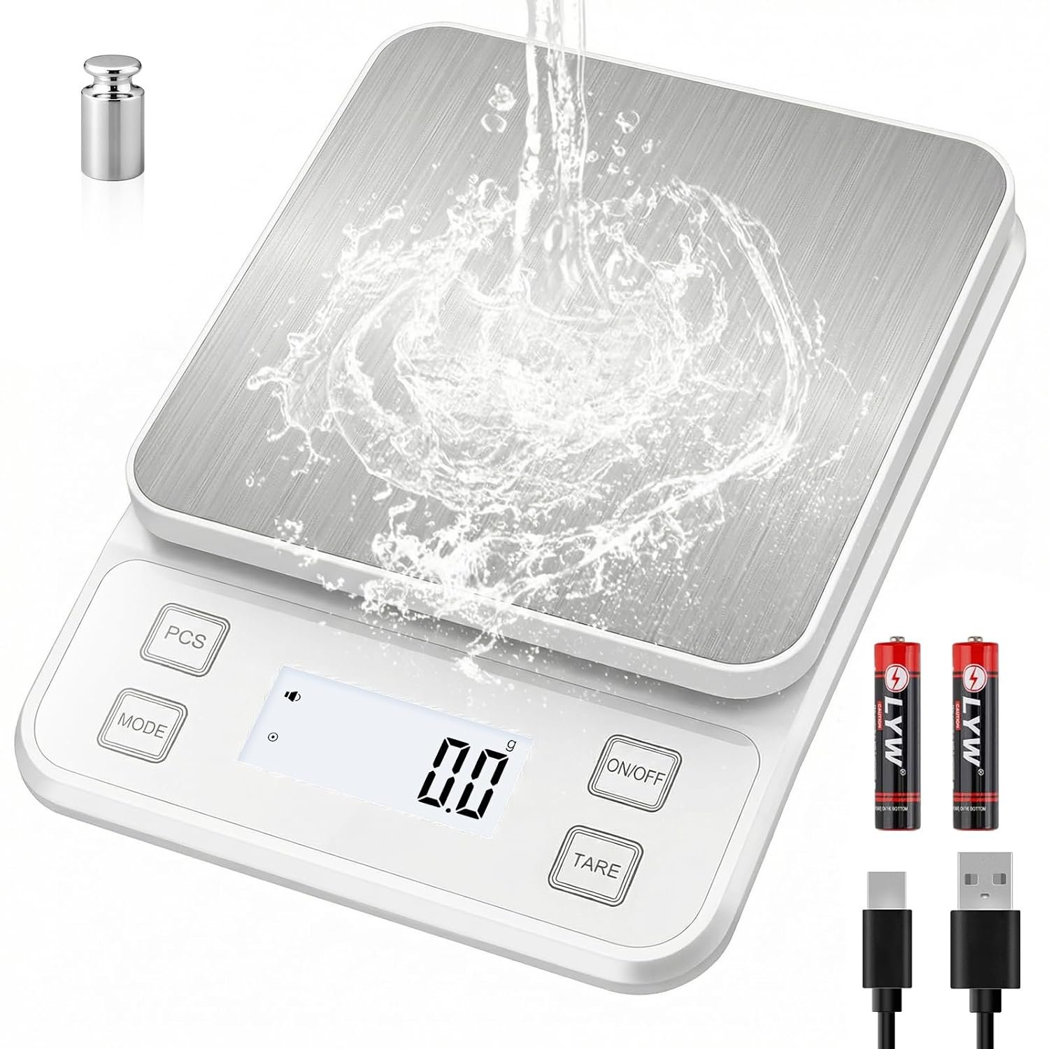 22lb Rechargeable Stainless Steel Scale, Diyife Large Kitchen Food Scale with 0.1g/0.001oz High Precision, LCD Display, 10 Unit, Waterproof IPX67, Washable, Hangable, for Baking, Cooking, White