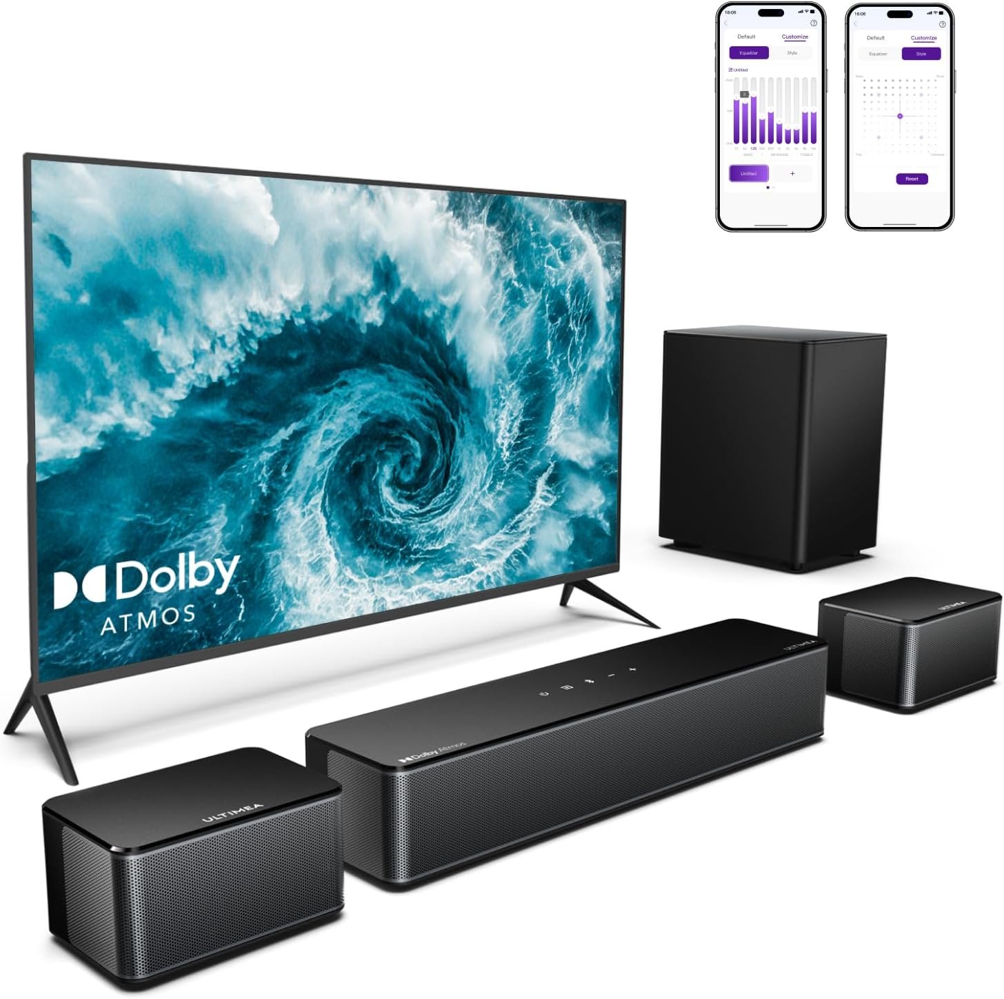 ULTIMEA 5.1 Sound Bar with Dolby Atmos, 410W Surround Sound System for TV, 3D Sound Bars for Smart TV with Subwoofer, Adjustable Surround and Bass, Home Audio Soundbars for TV, HDMI eARC, Poseidon D60