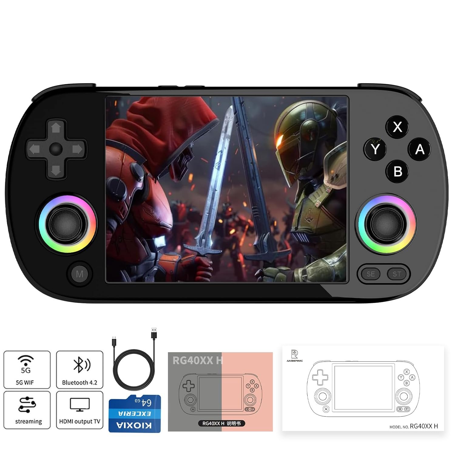 Anbernic RG40XX H Retro Handheld Game Consoles RG40XXH Retro Gaming Console 64 TF Card Preloaded Games 5000+ Portable Gaming Console Linux System 4.0” IPS Screen WiFi Bluetooth HD and TV Output Black