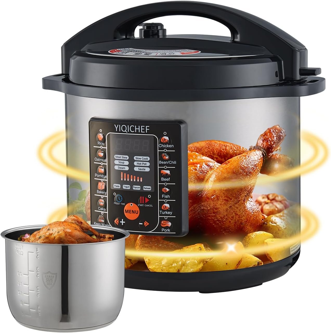 12L/12.8Qt Commercial Electric Pressure Cooker, Digital Control, 304 Stainless steel Inner Pot, Serve for 15-25 people, 1400W/120V with US PLUG, suitable to small restaurant, Canteen, Hotel