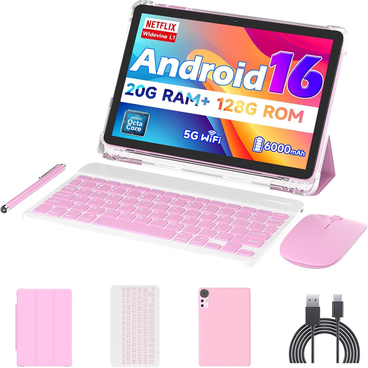 Android 15 Tablet 10 inch Tablets, 20GB RAM 128GB ROM 2TB Expandable, 2.0GHz Quad-core Processor, 2 in 1 Tablet with Keyboard Case Stylus Mouse, 5G WiFi6, BT 5.0, 6000mAh, Widevine L1, GMS, Pink