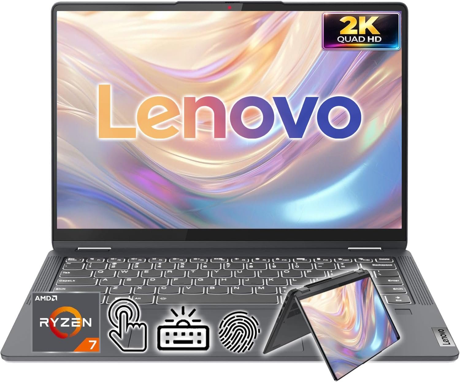 Lenovo IdeaPad 14″ 2.2K QHD 2-in-1 Touchscreen Laptop | AMD Ryzen 7 Processor | Win 11 | 16GB RAM | 256GB PCIe SSD | Backlit Keyboard | Fingerprint | 1080P Camera | Convertible Laptop for Work & Study