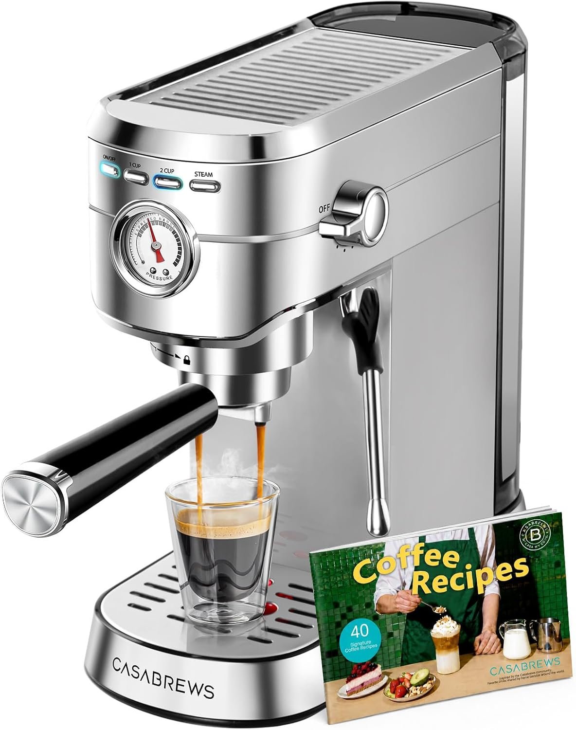 CASABREWS CM5418 Espresso Machine 20 Bar, Compact Espresso Maker with Steam Milk Frother, Stainless Steel Coffee Machine with 34oz Removable Water Tank for Cappuccino, Small Latte Machine, Silver