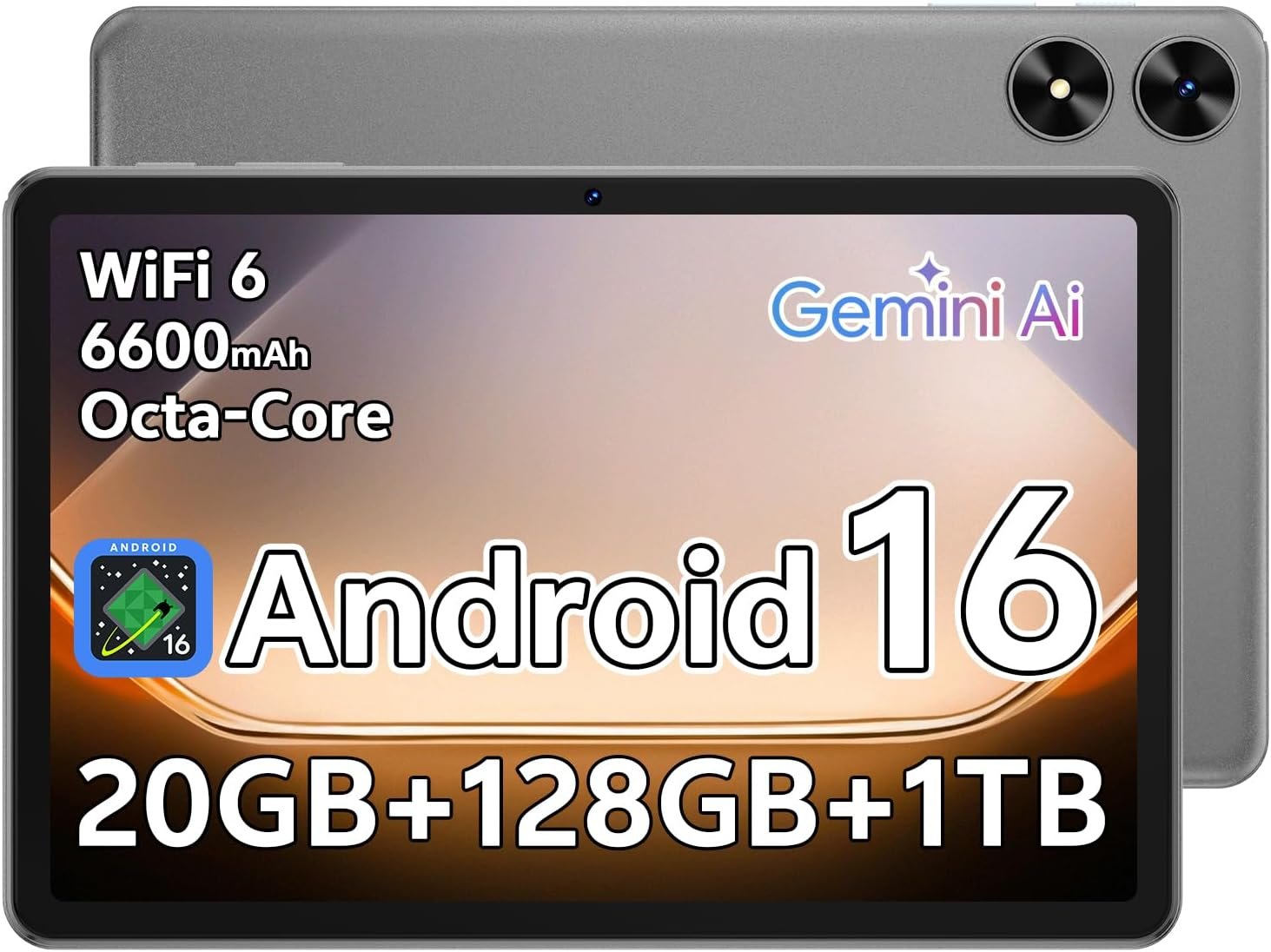 Android 16 Tablet 10.1 inch Tablet with Octa-Core Processor, 20GB RAM 128GB ROM 1 TB Expandable, 1280×800 HD IPS Touch Screen, GPS, 8H Battery, WiFi 6, BT 5.2, Dual Camera (Gray)