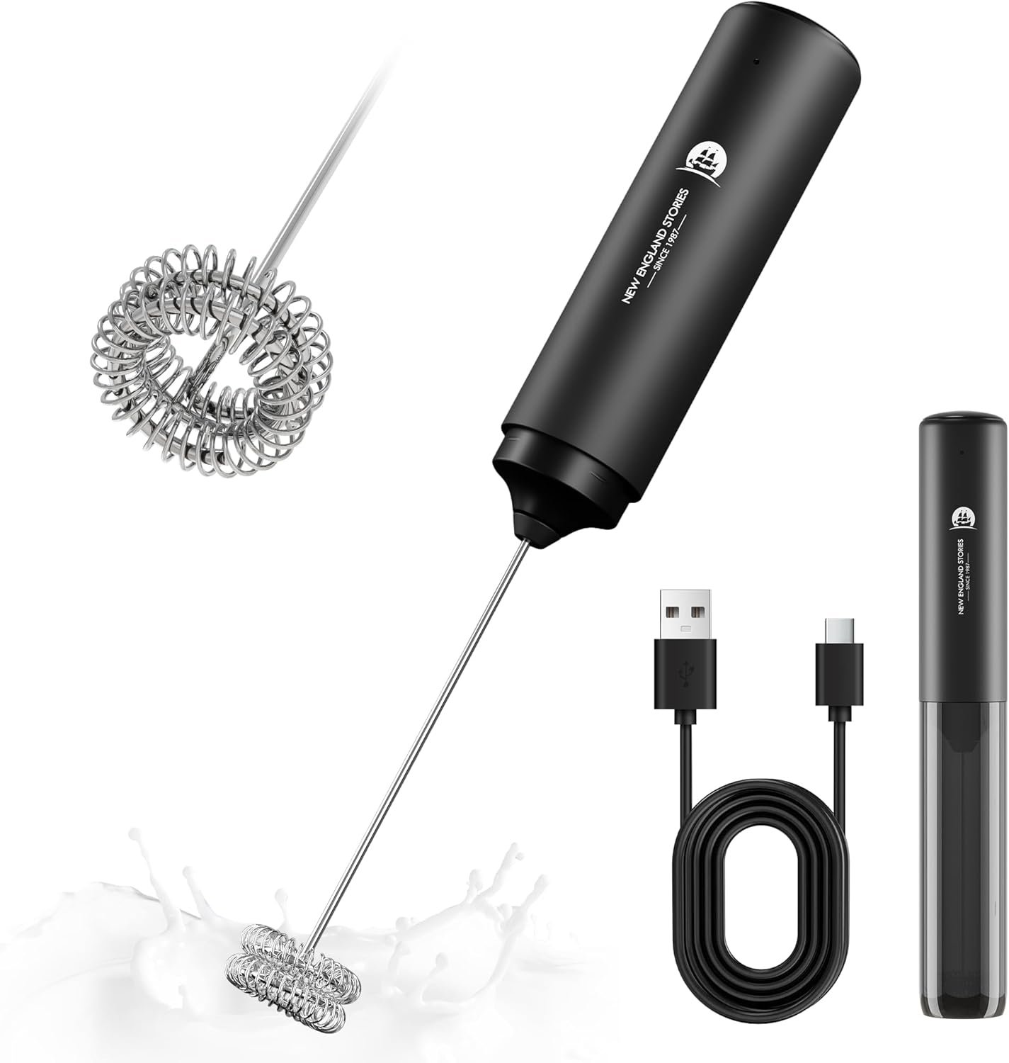 Rechargeable Milk Frother Handheld, 2-IN-1 Dual Spring Whisk Electric Frother Wand for Cappuccino Latte Macchiato, Portable Drink Mixer for Coffee, Matcha, Hot Chocolate