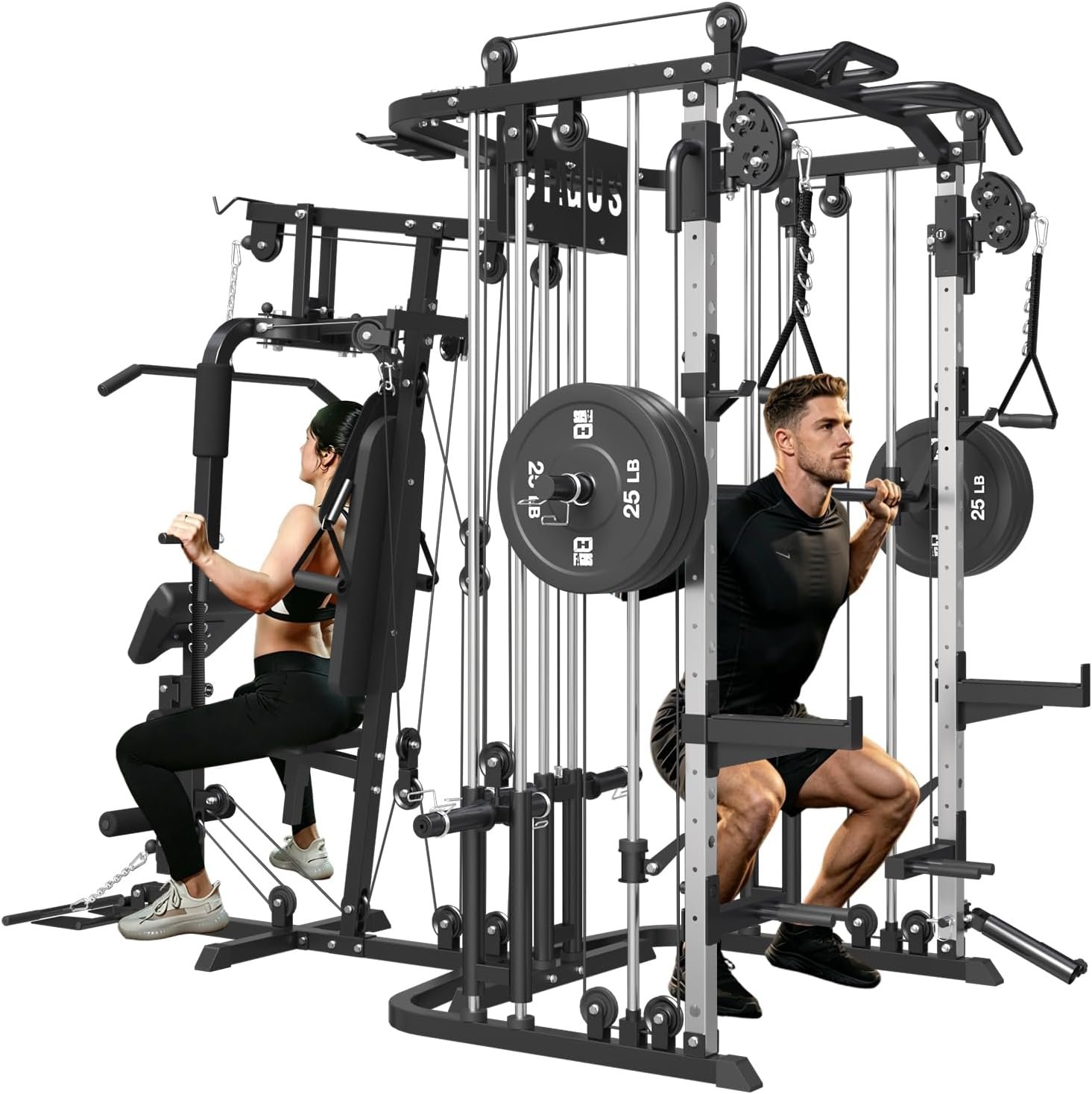 All in One Home Gym System Workout Station, Multi-Function Smithe Machine Power Cage with Cable Crossover System, Tripe-Sided Independent Load Posts, Functional Trainer for Full Body Training