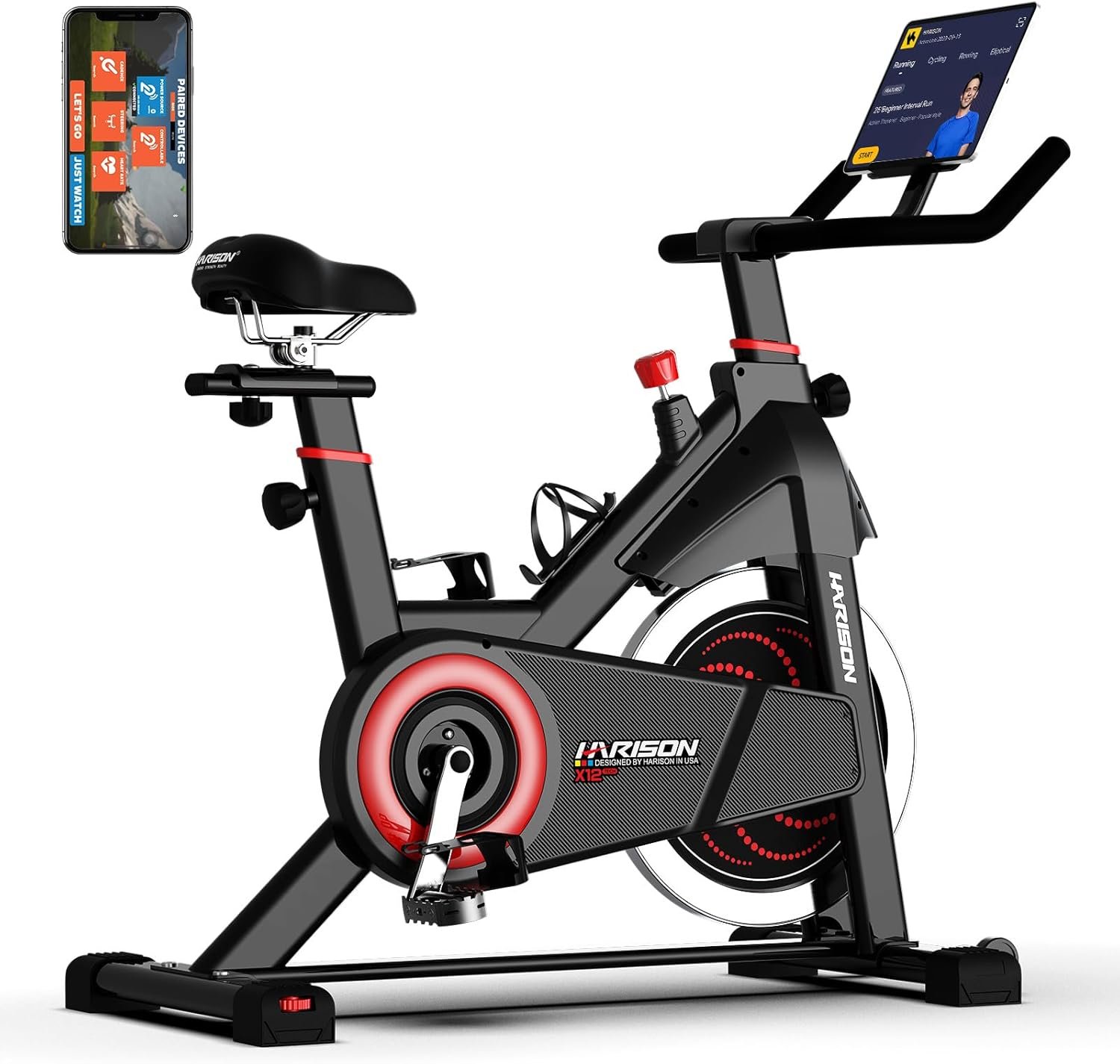 HARISON Exercise Bike, Magnetic Stationary Bike for Home Gym, Adjustable Resistance Quiet Dual-Belt Indoor Cycling Bike with 380lb Capacity, APP Connectivity, Push-to-Stop, 6-Level Handlebar