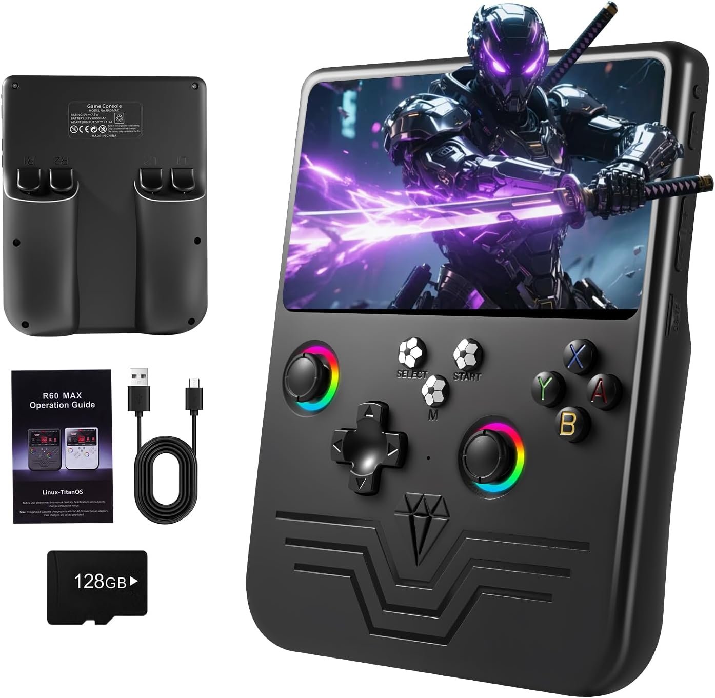 R60 Max Handheld Game Console, 128GB Retro Gaming Console with 40000+ Games, 6-Inch IPS Screen, Linux System, RGB Joysticks, 6000mAh Rechargeable Portable Gaming System (Black Color)