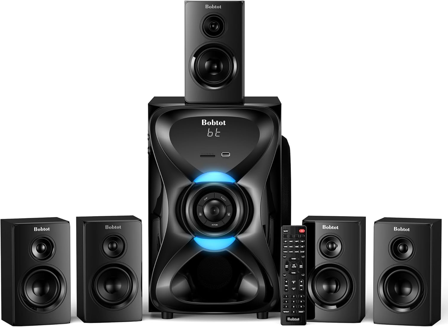 Bobtot Surround Sound Systems Wireless Rear Satellite Speakers – 1000W Peak Deep Bass 8 inch Subwoofer 5.1/2.1 Channel Home Theater System with ARC Optical Bluetooth Karaoke Input