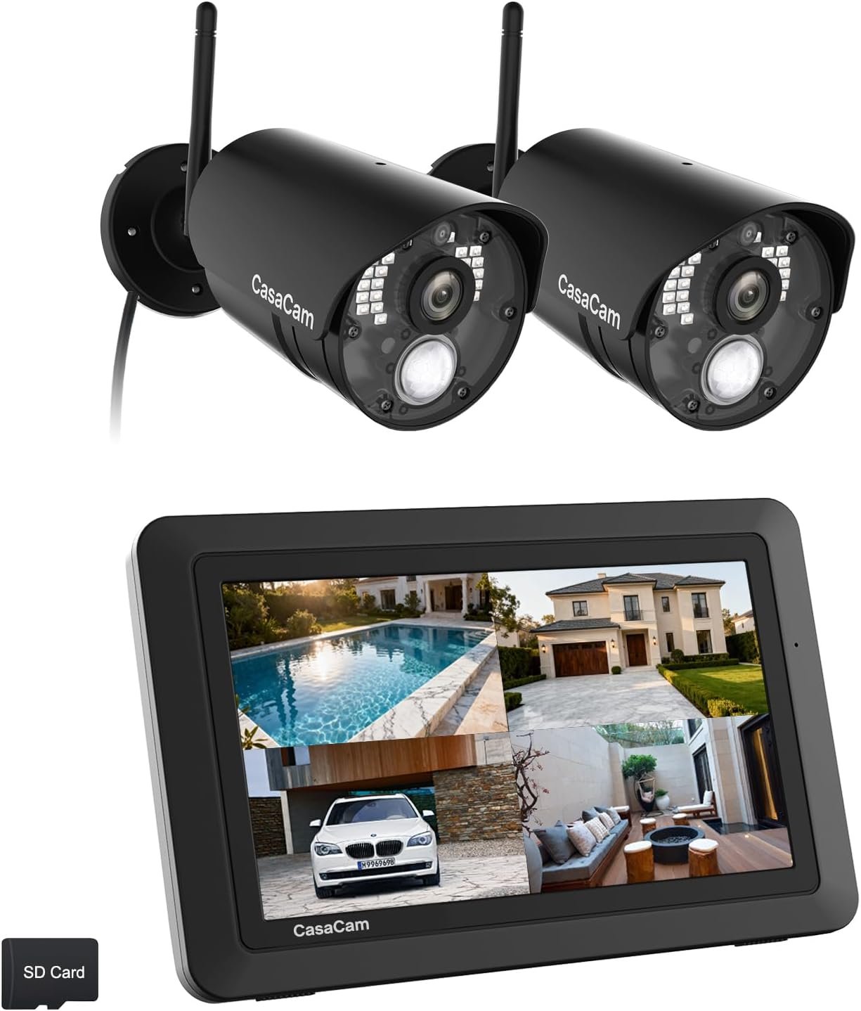 CasaCam Wireless Security Camera System Air | 7″ Touchscreen Monitor and 2 720p Cameras | AC Powered, No Monthly Fees, Two-Way Audio, Free APP, Micro SD Card and Battery Installed, Model VS802