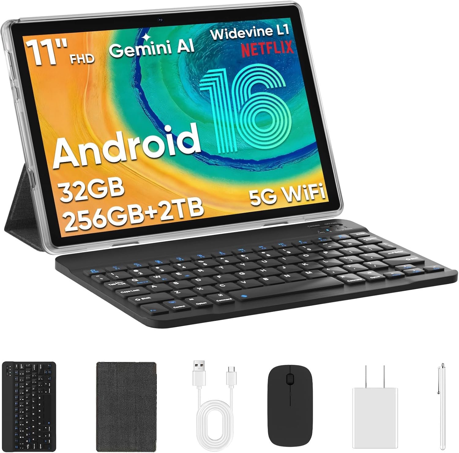 11 inch Android 16 Tablet, Black | Tablet PC with Keyboard & Mouse, 32GB RAM 256GB ROM Octa Core, 8000mAh Battery