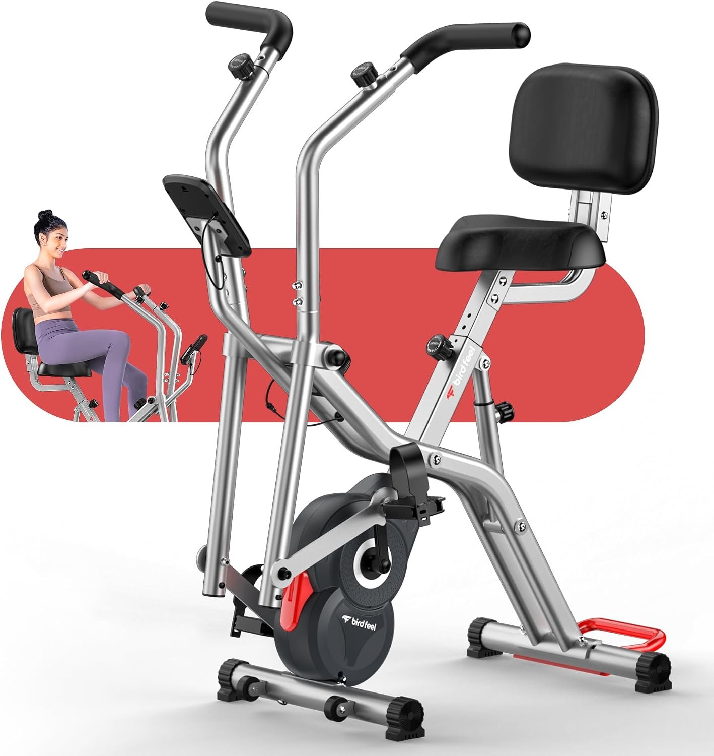 Foldable Exercise Bike with Elliptical Mode, 8-Level Magnetic Resistance Stationary Bike, Silent Indoor Bike for Home Fitness and Rehab Training, Adjustable Seat&Handrail, LCD monitor, 300LBS