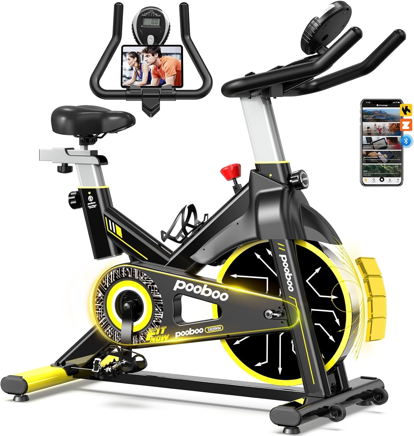 pooboo Exercise Bike, Brake Pad Stationary Bike for Home with Exclusive App, Adjustable Resistance Quiet Indoor Cycling Bike with 350lbs Weight Capacity Extra Comfort Seat,Indoor Cycling Spin Bike Workout Bike with Tablet Holder and Fitness Courses for Weight Loss