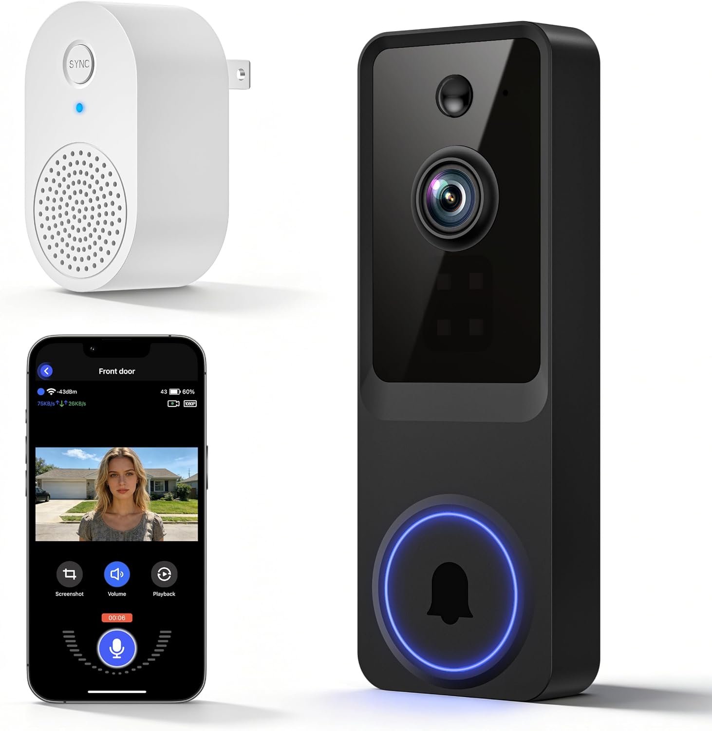 1080P Wireless Video Doorbell Camera, AI Human Detection, 2-Way Audio, Night Vision, 5200mAh Battery Powered, Real-Time Motion Alerts, Cloud Storage, 2.4GHz WiFi Only
