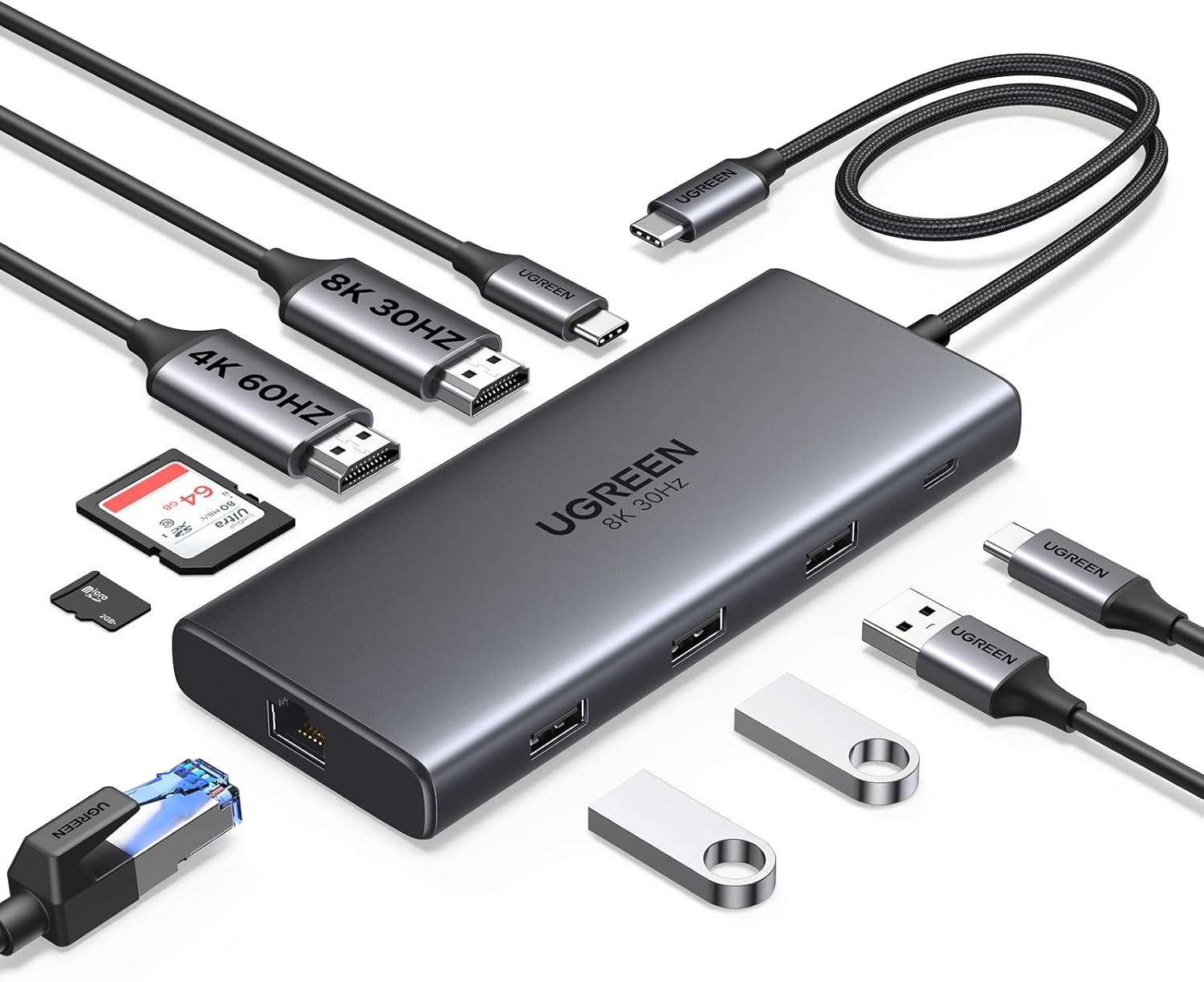UGREEN Docking Station 10 in 1 Revodok Pro 210 USB C Dock Dual HDMI 4K@60Hz Single 8K@30Hz 100W PD 5Gbps USB C and USB A Data Ports Gigabit Ethernet, SD/TF Card Reader USB Hub Compatible for HP, Dell