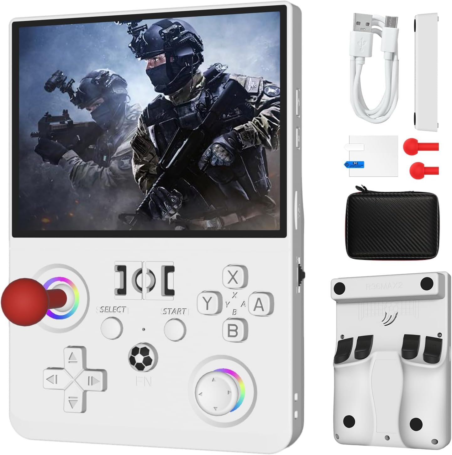 Newest R36MAX Ⅱ 4.5 Inch Retro Handheld Game Console,1024×768 IPS HD Screen,128G Built-in 22000+ Classic Game,Portable Open Source Linux System,4000mAh Battery with Arcade Joysticks*2 (White)